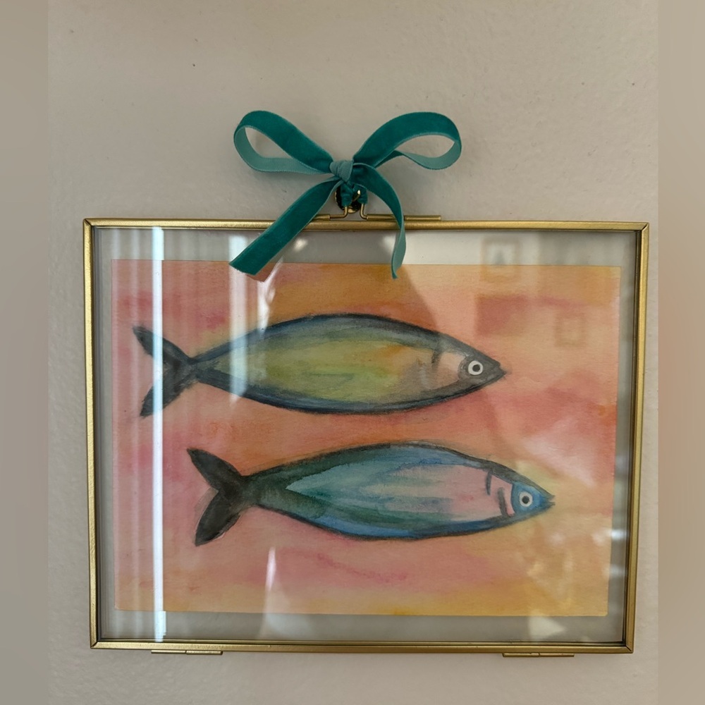 Sardine fish watercolor painting with gold and glass frame, turquoise bow.